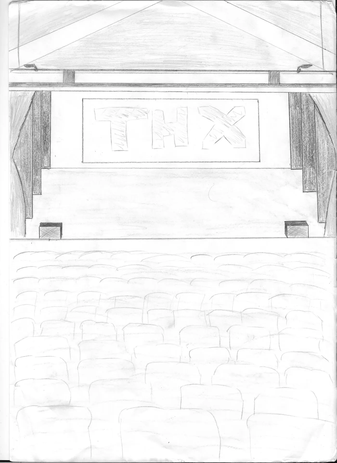 Croquis de la salle de spectacle avec scène et rideaux, dessiné sur le carnet en 2013
