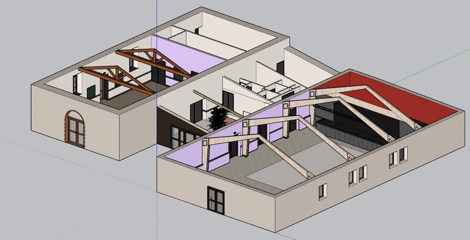 Modélisation SketchUp de la salle, reconstruite entièrement de mémoire