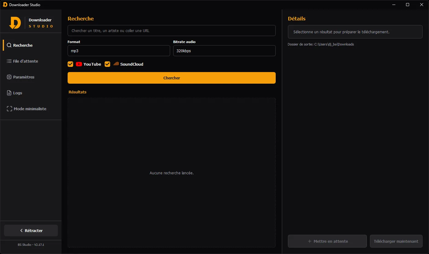 Capture d'écran de la page de recherche de Downloader Studio