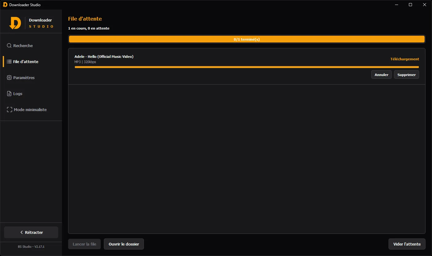 Capture d'écran des résultats de recherche de Downloader Studio