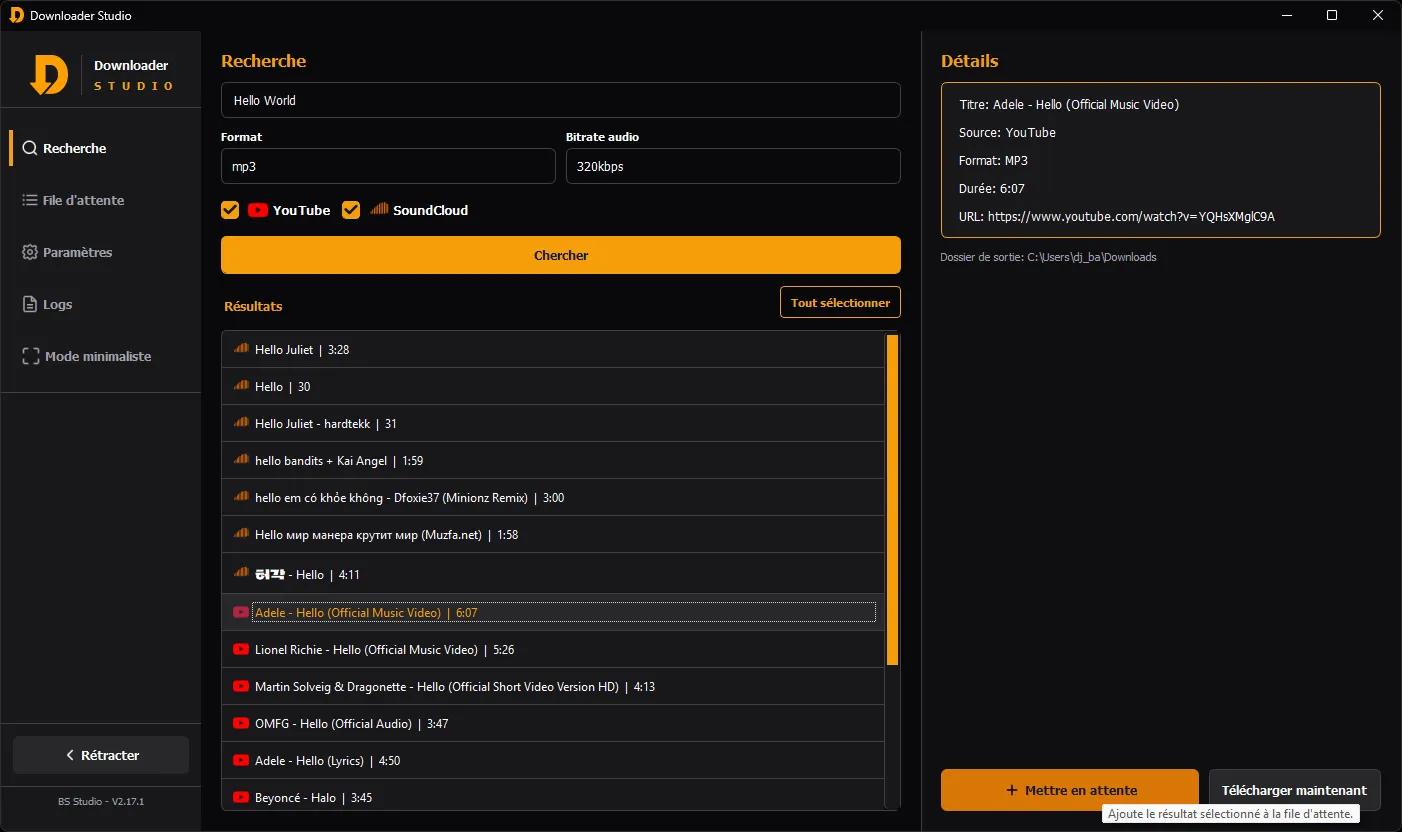 Capture d'écran de la file d'attente de téléchargement de Downloader Studio