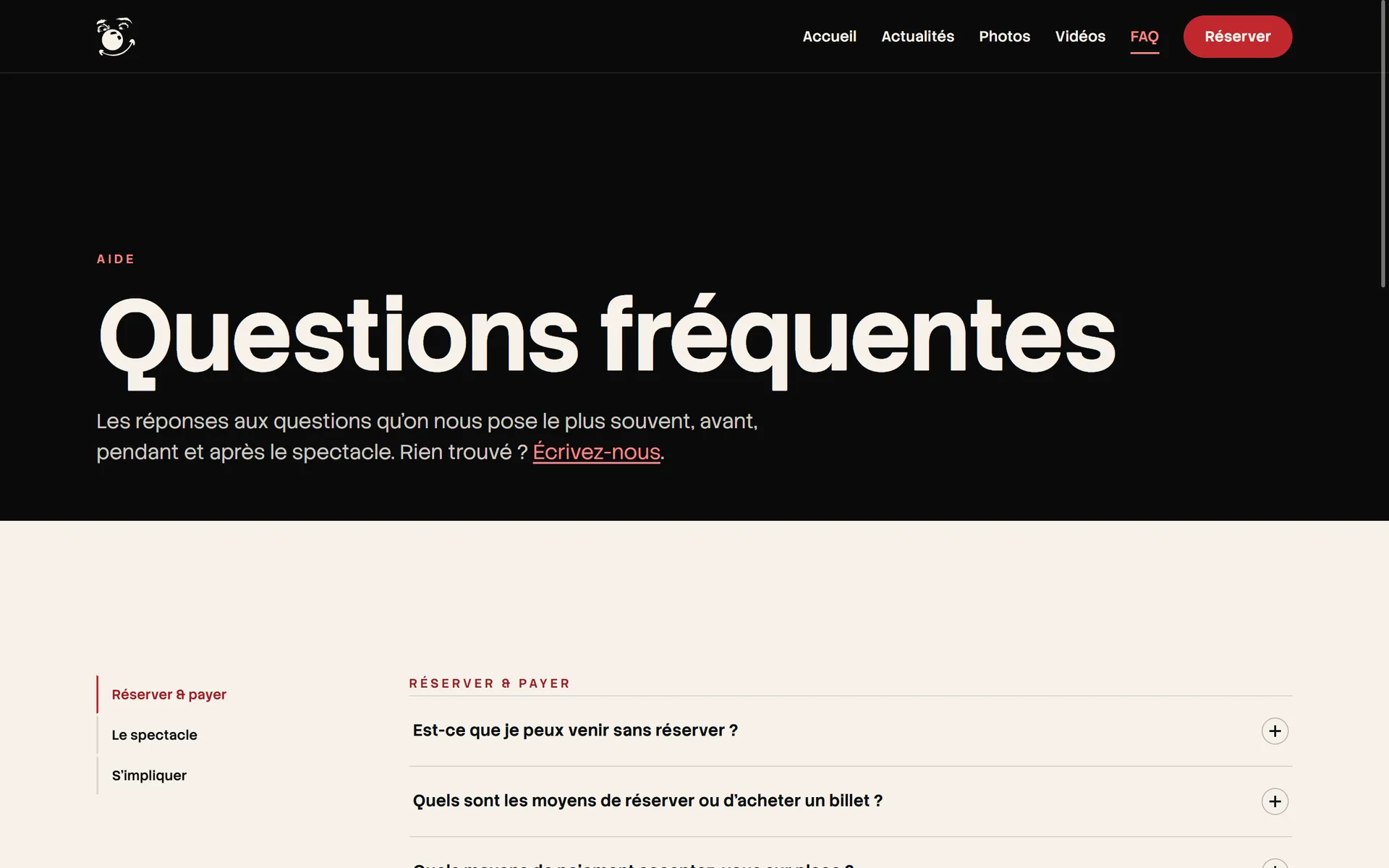 Page FAQ du site La CLAC, rubriques réserver et payer, le spectacle, s'impliquer