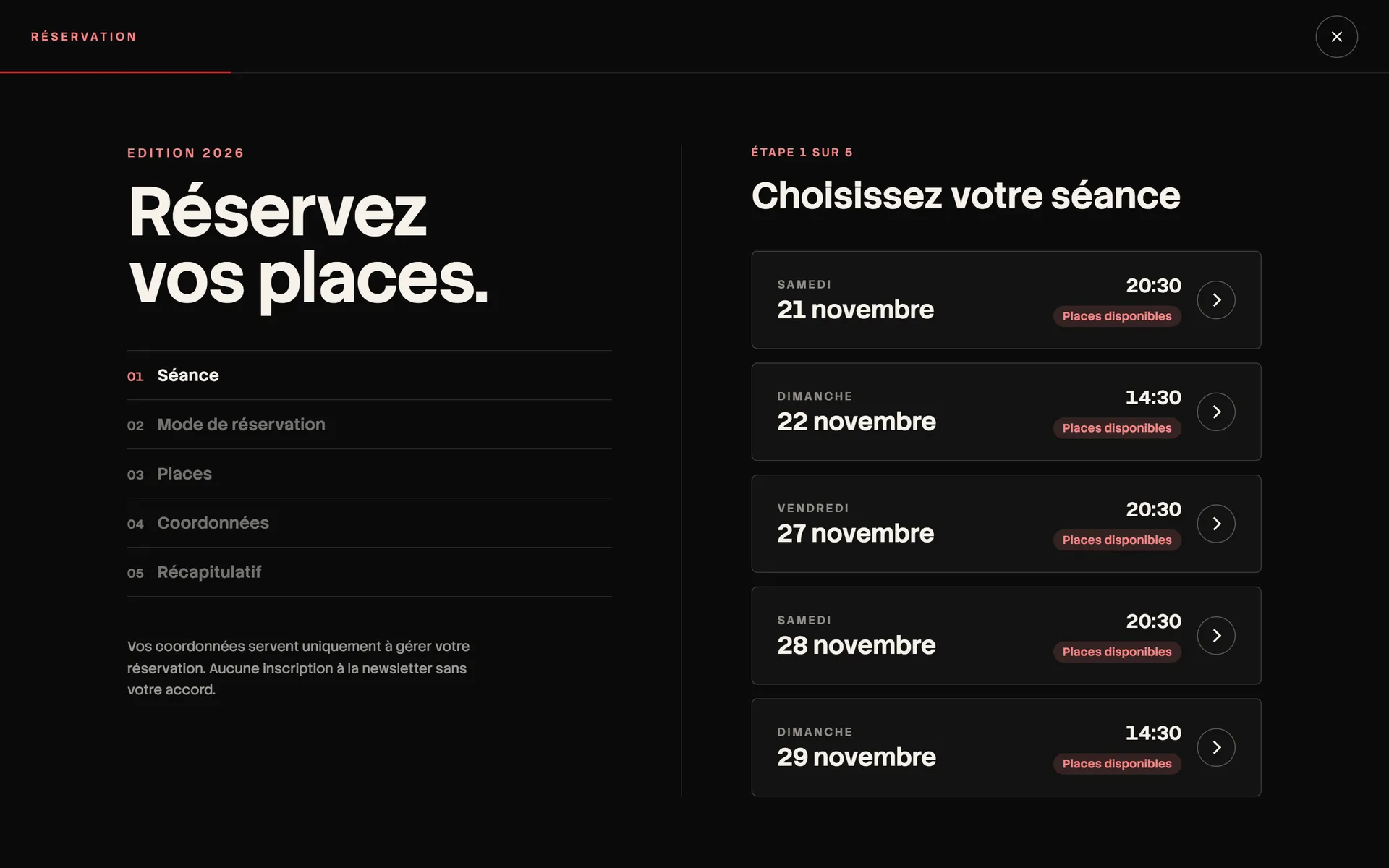 Parcours de réservation en cinq étapes du site La CLAC, étape du choix de la séance