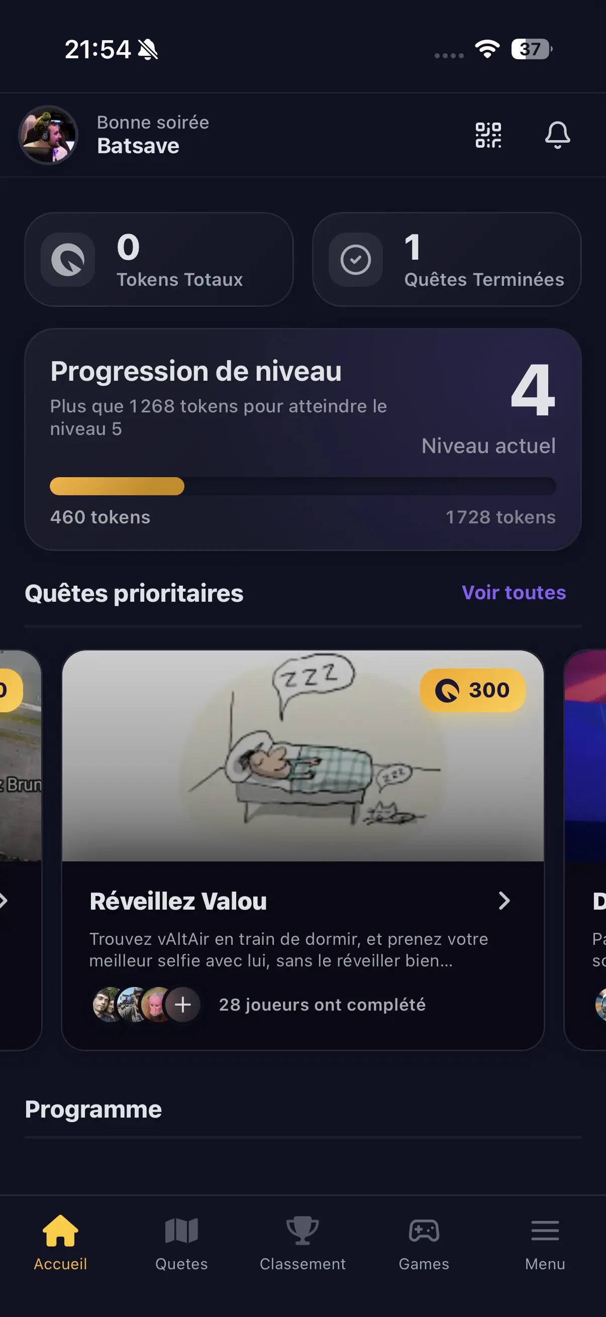 Capture d'écran de la page d'accueil de l'application Quests