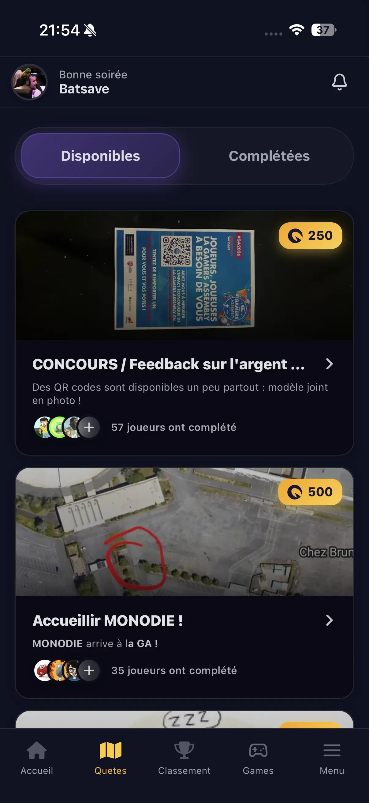 Capture d'écran de la page de quêtes de l'application Quests