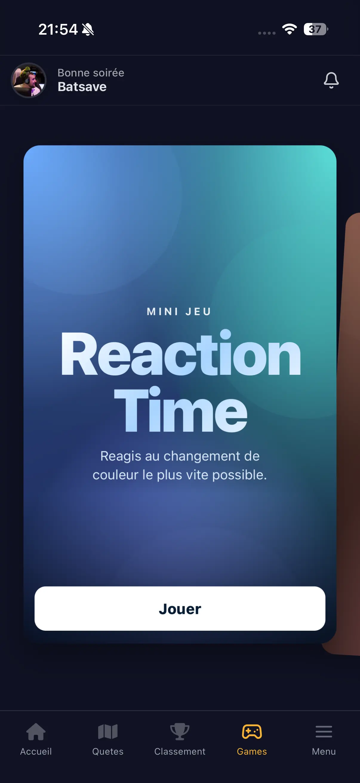 Capture d'écran de la page mini jeux de l'application Quests