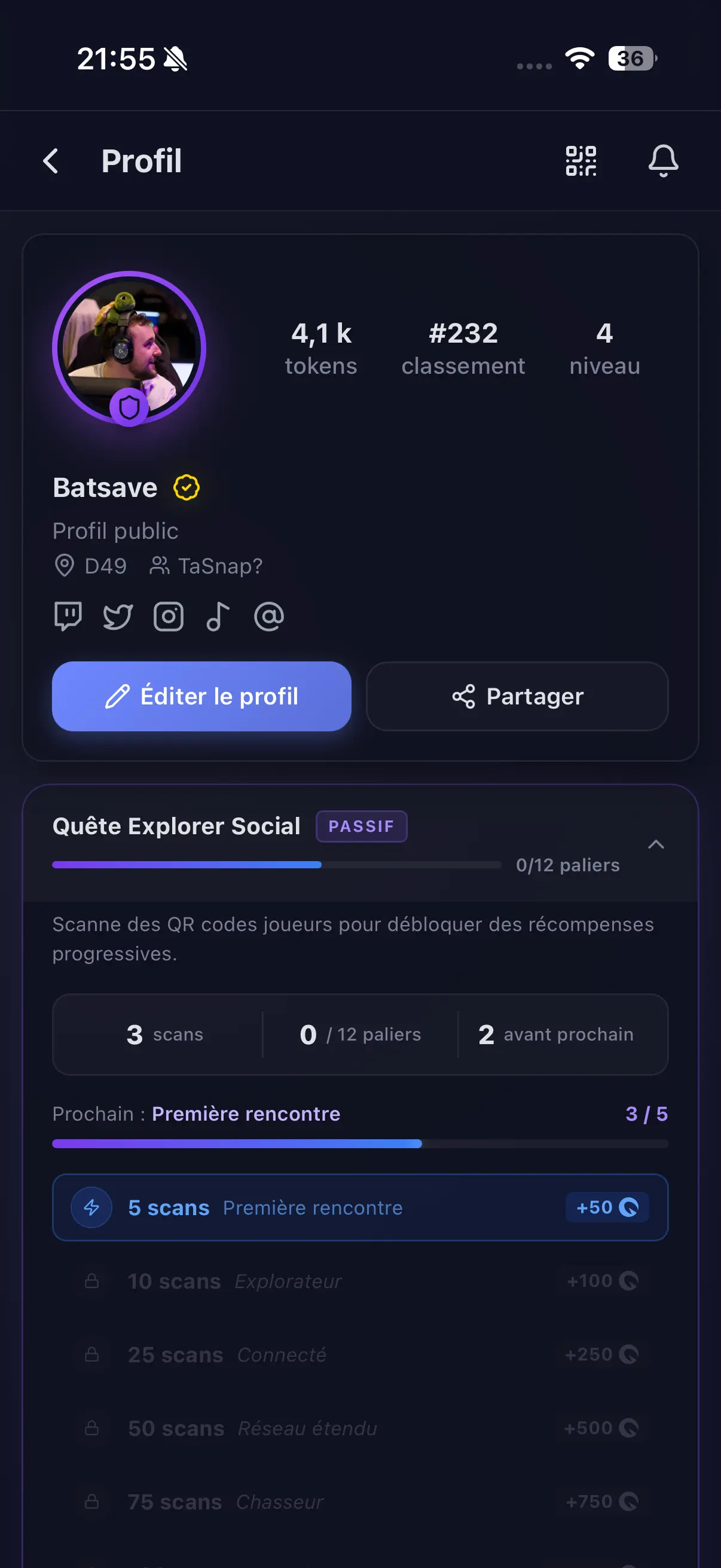 Capture d'écran de la page profil de l'application Quests